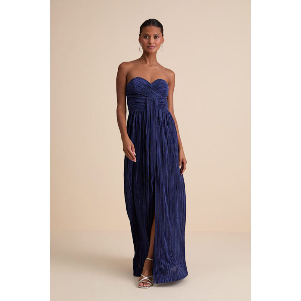 Lulus Oswin Navy Satin Plisse Strapless Maxi Dress Blue - Size S